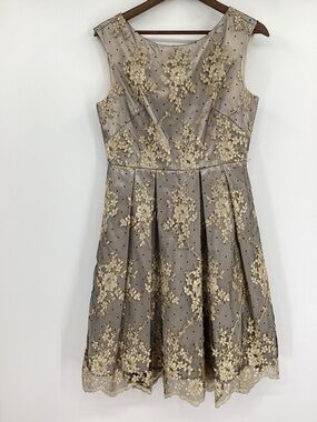 Eliza J Taupe Sleeveless Dress with Gold Floral Lace Appliqué